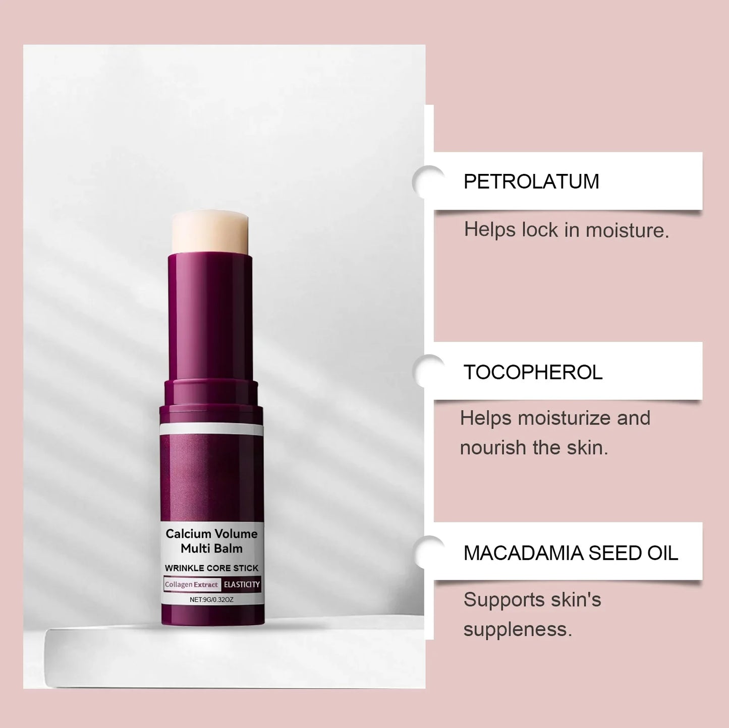Skincare balm stick with ingredients listed on a pink background